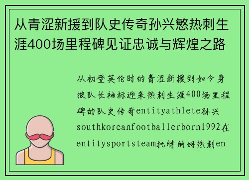 从青涩新援到队史传奇孙兴慜热刺生涯400场里程碑见证忠诚与辉煌之路 ⚽🔥