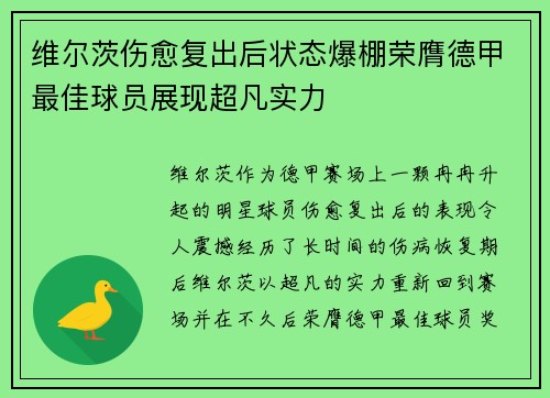 维尔茨伤愈复出后状态爆棚荣膺德甲最佳球员展现超凡实力 维尔茨伤愈复出后状态爆棚荣膺德甲最佳球员展现超凡实力